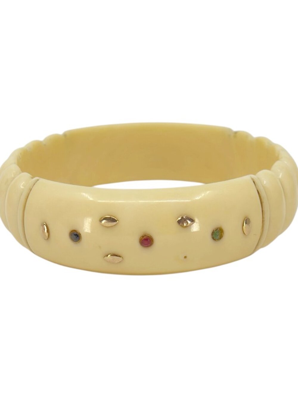 Vintage 14k gold emerald ruby sapphire carved ivory bangle - GM1208